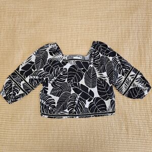 Cynthia Rowley Linen Crop Top Tropical Leaf Resort Vacation Black And White
